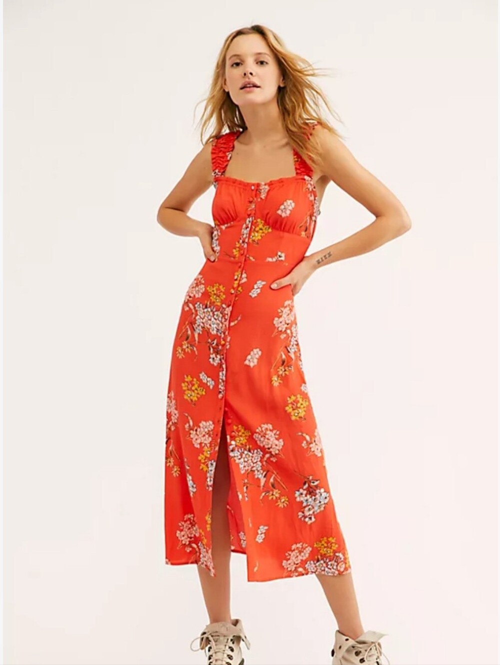 Free People Coral Red Floral Button-Front Midi Dress
